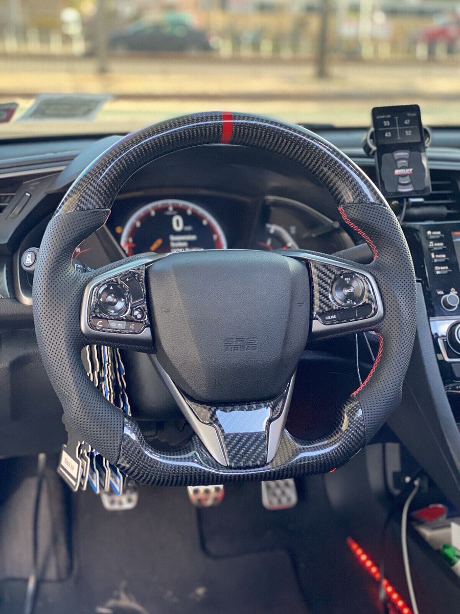 Real Carbon Fiber & Perforated Leather Steering Wheel For Honda Civic 2016-2021 – Black, Red Stitching, 1-Year Warranty