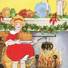Antique Merry Christmas Postcard Cute Girl Open Fire Cauldron Pot Plum Pudding A