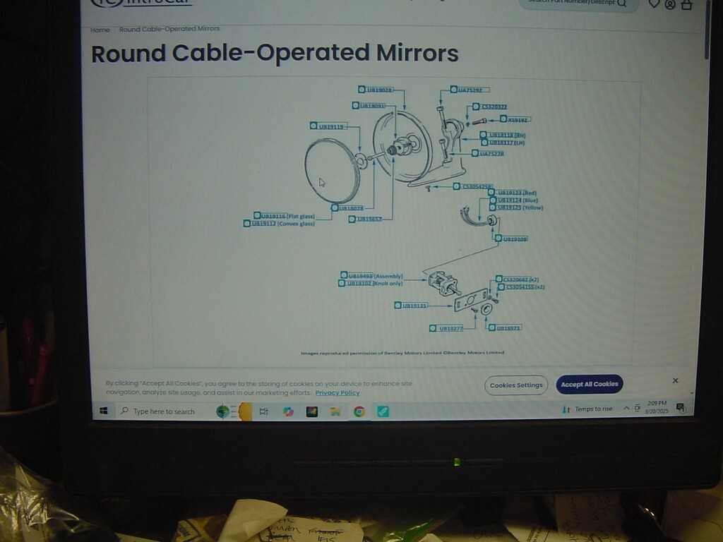 NOS Mirror Control Unit Rolls Royce Bentley Ext Door Round Mirror Cable Operated