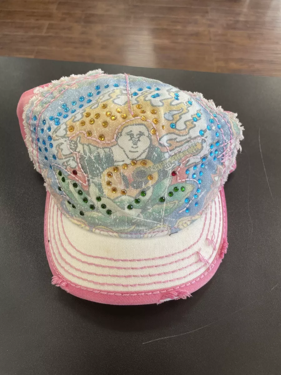 Vintage TRUE RELIGION Distressed Cap Short pink Buddha Rhinestone womens hat