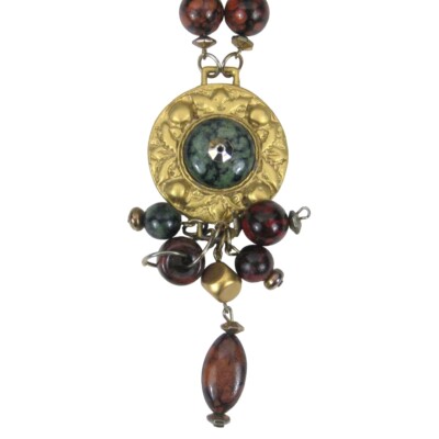 Goldtone Pendant Necklace 45  Inch Chain Faux Stone Beaded Statement