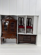 Muebles de colección para casa de muñecas miniaturas madera oscura Queen Anne Hutch sillas aparador