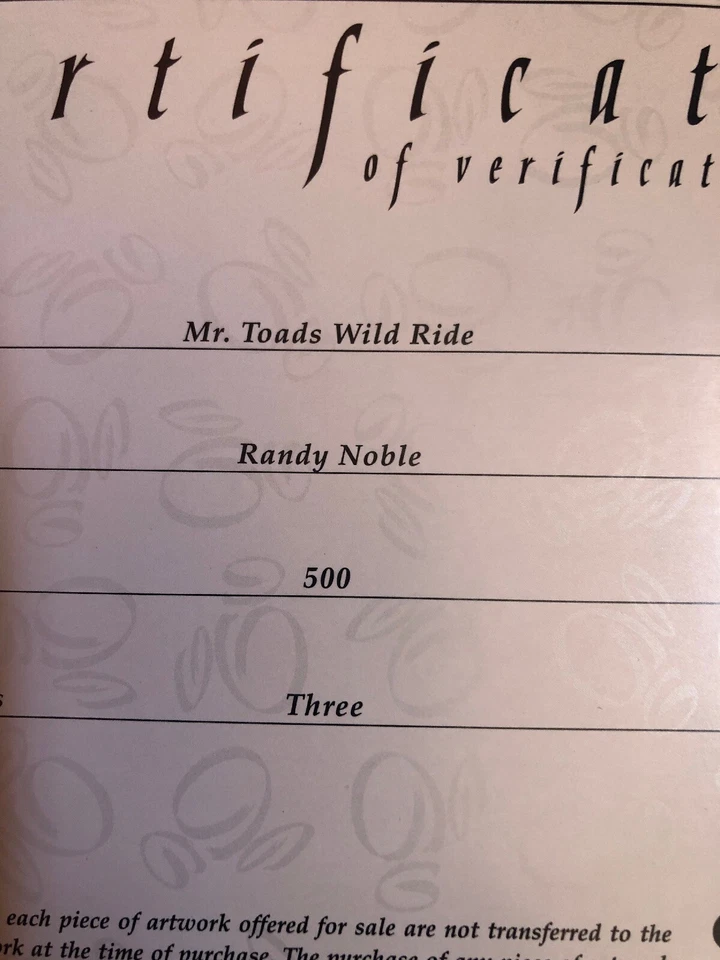 Disney Mr Toad Wild Ride Randy Noble LE 500 PLEASE Read!! (COA Only) - Image 2 of 3
