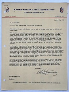 AUG 22 1947 KAISER-FRAZER SALES BULLETIN Key Numbers and Cutting Information