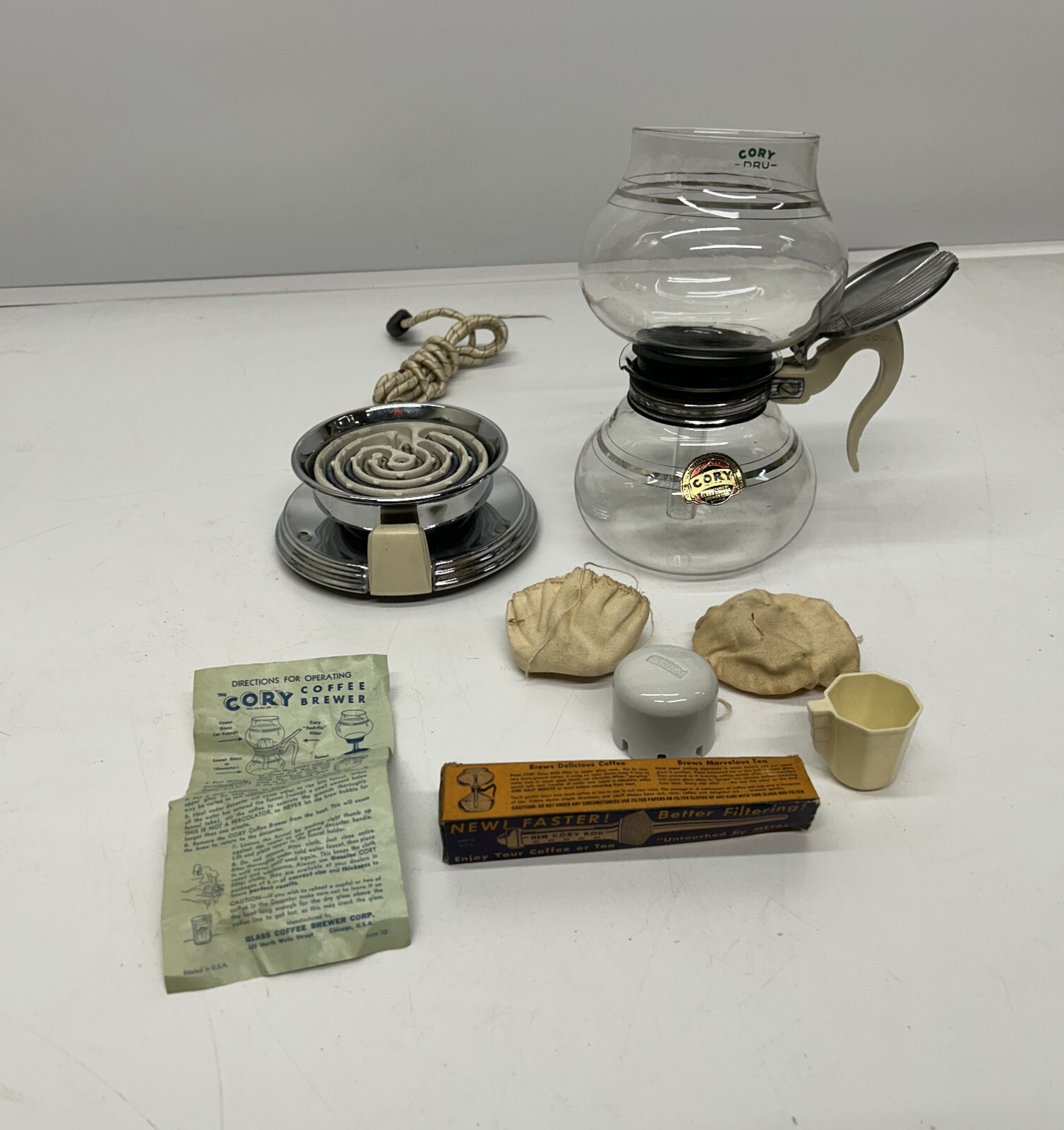 Vtg NOS Cory Coffee Brewer DRL DRU Art Deco DEO Electric Stove 2-Heat W/ Filter