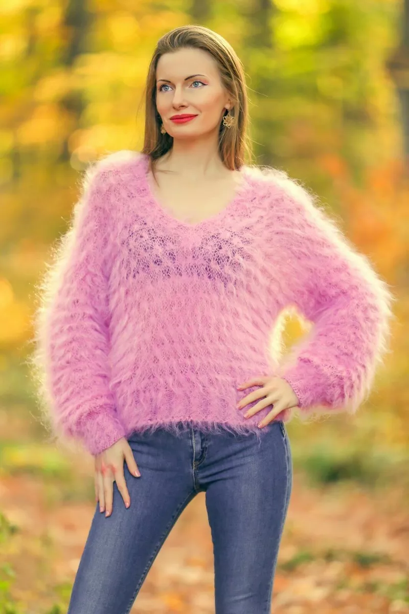 Fuzzy mohair sweater V neck light top designer hand knitted pullover SUPERTANYA