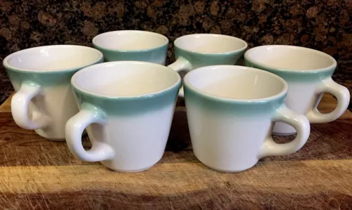 SET of (6) Homer Laughlin Best China Coffee Tea 3" Mug Cup / White & Teal Green