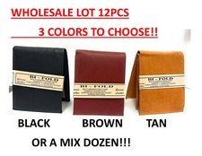WHOLESALE LOT 12 MENS LEATHER WALLETS BIFOLD 3 colors BLACK, TAN, BROWN or MIX