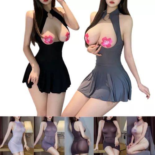 Women's Sexy See Through Bodycon Dress Open Bra Sleeveless Transparent Lingerie - Picture 2 of 94