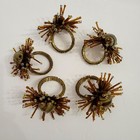 Pier 1 Retro Napkin Ring Set Atomic Starburst Beaded MCM Look 5pc Gold Copper