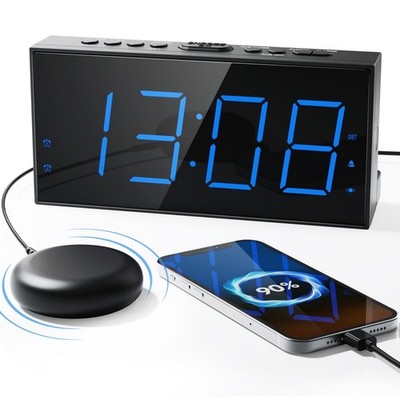 Loud Vibrating Alarm Clock with Bed Shaker for Heavy Sleepers, Dual Alarms, 7.5''