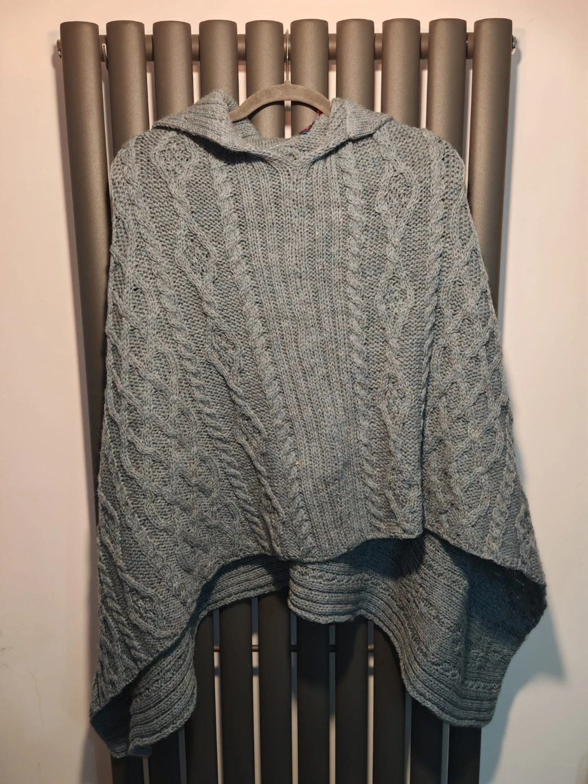British Wool Naturally Women Poncho Wool Cable Knit Turquoise Roll Neck One Size