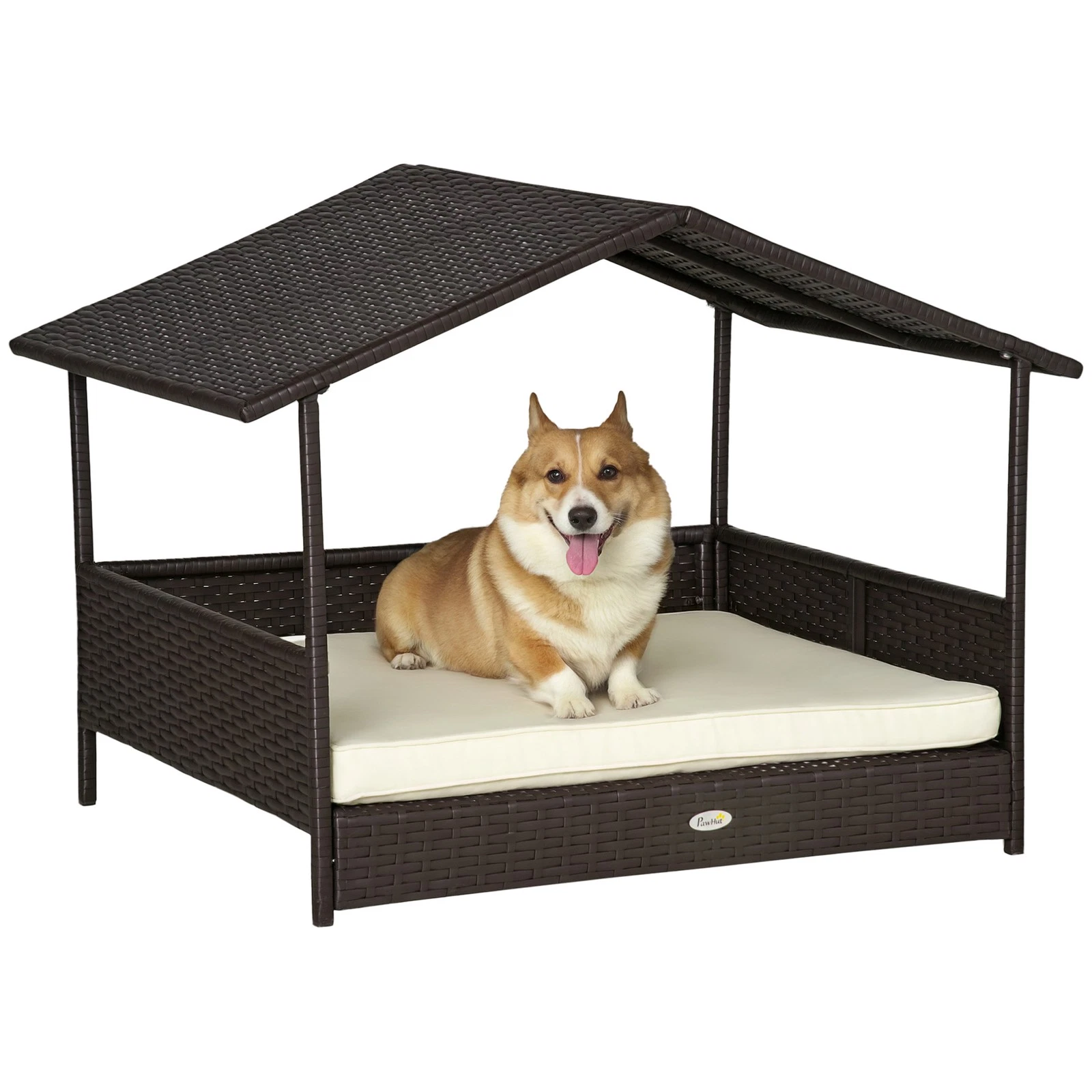 PawHut Wicker Dog House, Rattan Pet Bed with Soft Cushion, Cat Basket - Cream