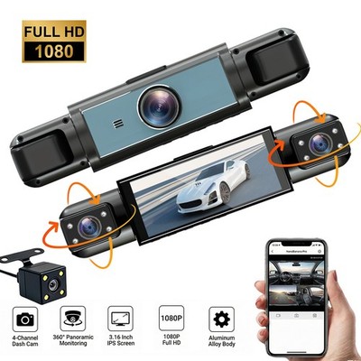 4CH Dashcam 1080P Auto Kamera WiFi 3.16'' IPS 360° Panoramic Car DVR Dash Cam