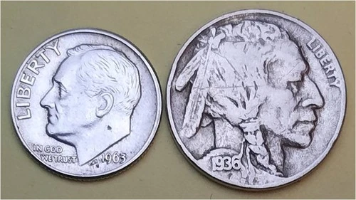 Lot of 2 Coins- 1 90% Silver Roosevelt 10c (1963D) & 1 Better Buffalo 5c (1936P)