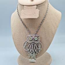 Articulated Owl Pendant Chain Necklace Silver Tone Clear Rhinestones 21.5"