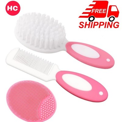 Baby Hair Brush & Comb Set Soft Bristles Cradle Cap Brush for Newborn Pink