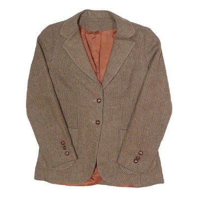 LARRY LEVINE Damen Braune Wolle Kariert Einreihig Blazer JACKE S Wolle