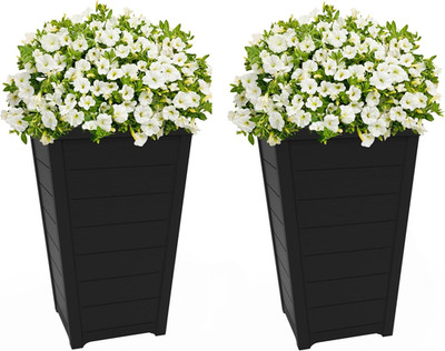 Set of 2 Resin Modern Outdoor 22 Inch Tall Large Flower Pots, Tapered Wood Look