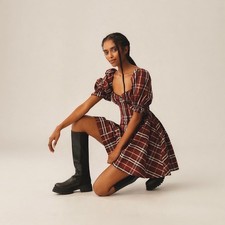 Anthropologie Maeve Red Tartan Plaid Puff Sleeve Mini Dress S OB2080843