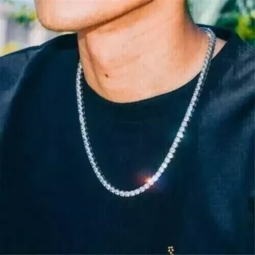 18Ct Round Cut Lab Created Diamond Men's Tennis Necklace 14k White Gold Plated - Picture 2 of 9