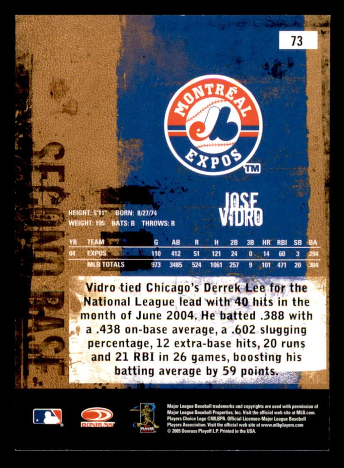 2005 Donruss Leather & Lumber  #73 Jose Vidro Montreal Expos - Image 2 of 2