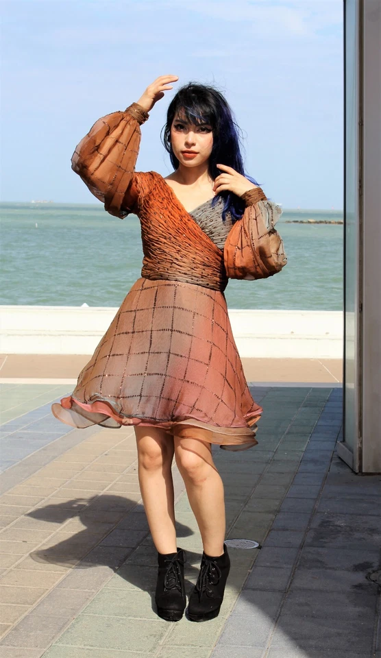 Vestido de cóctel vintage años 80 Paticia Rhodes talla 4 mujer gris cobre gasa Foto 2 de 4