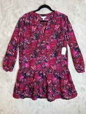 Time  Tru Women's Lg 12-14 Tiered Dress Burgandy/Blue Floral Balloon Sleeves