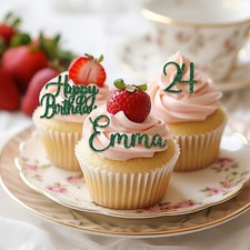 Personalised Glitter Cupcake Toppers Custom Name & Age Birthday Cake Decoration