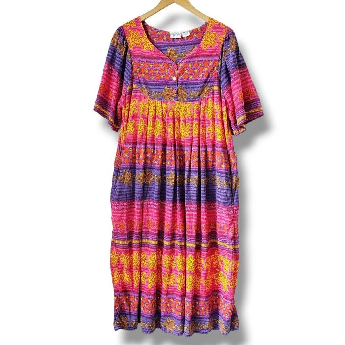 knee length dresses for ladies 80s Jessica Bloom Baby Blue, Pink, and Orange Button Up Maxi Dress main image 1