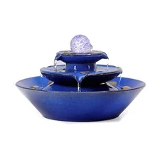 Ceramic Tabletop Fountain with Ball for Indoor Table Desk Office Patio (Blue)