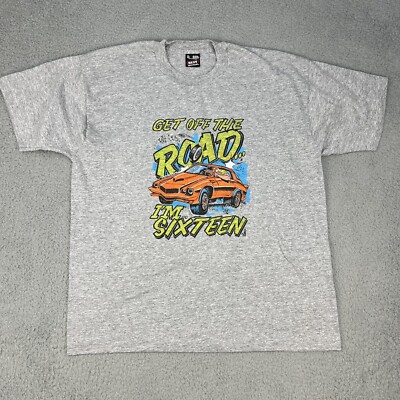 Vintage Fruit Of The Loom Shirt XL Gray Short Sleeve Get Off The Road I'm 16