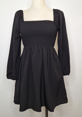 long sleeve smock dress Black Cotton Long Sleeve Smock Dress
