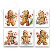 12 Assorted Christmas Ginger Bread Man Greeting Cards with Envelopes (2 of each)