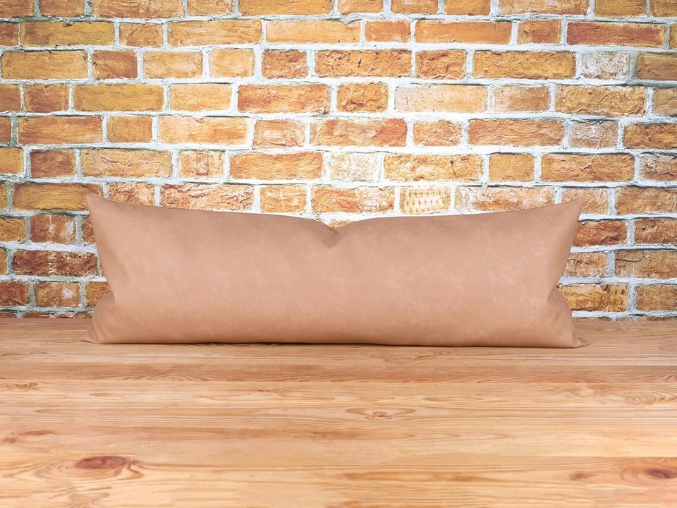 HANDMADE Faux Leather Extra Long Lumbar Throw Pillow Cover Camel Tan Brown 12x36 - Image 3 of 4