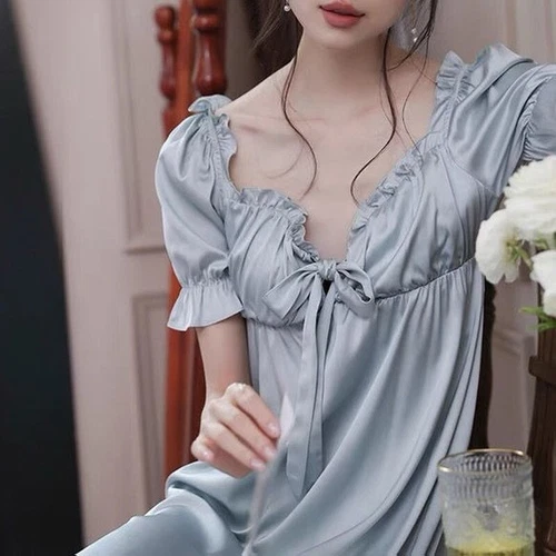 Damen Kunstseide Nachthemd Satin Nachthemd V-Ausschnitt Nachtwäsche Schleife Midikleid - Bild 8 von 23