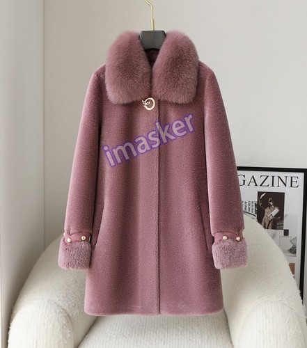 Manteau mi-long femme col fourrure renard véritable peau de mouton 100% laine chaud hiver - Photo 10/27