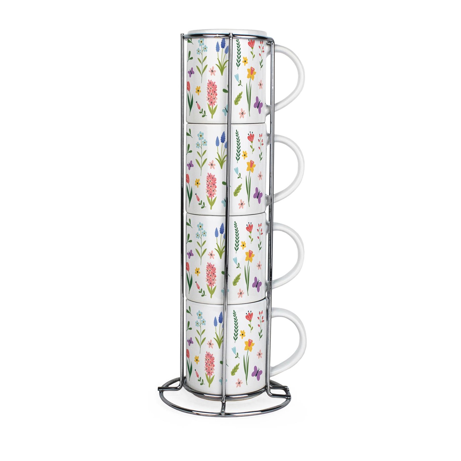 Spring Flowers Small Stacking Mugs Set - Ceramic Drinkware Set of 4 with Stand