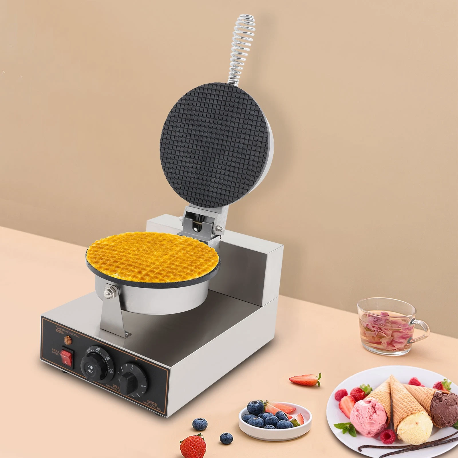 Commercial Electric Waffle Cone Maker 1200W Egg Roll Machine w/ Cone Mold