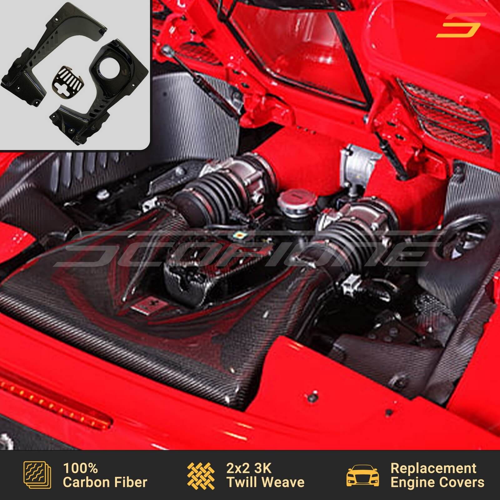 Scopione Carbon Fiber Engine Covers Panel Shield Trim Kit for Ferrari 458 Spider