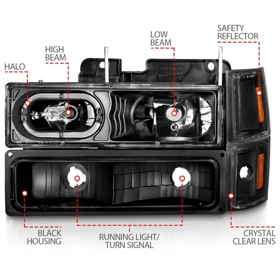 Conjunto de faros delanteros izquierdo derecho Anzo para 88-98 Chevy C1500 negro interior halógeno Foto 4 de 4