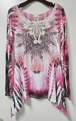 New Vocal Women L/S Tunic Shirt Shark Bite Crystal Top Pink White Size XL
