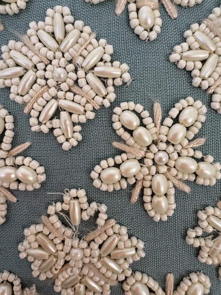 Pier 1 One White Beaded Blue Floral Throw Pillow Square 13” Zip Enclosure - Image 2 of 4