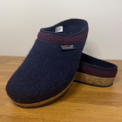 Stegmann Navy Blue Wool Felt Clogs Women 8 Cork Footbed Embroidered Trim Austria