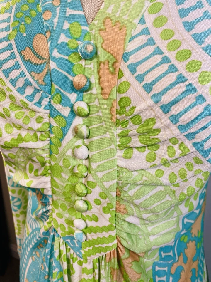 Vestido Vintage TALLA GRANDE Azul Verde Lima RONA 60s 70s Maxi Psicodélico Foto 4 de 4