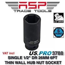 US PRO 1/2" Drive 26mm Deep Impact Socket Hub 78mm Long 6 Point 3788