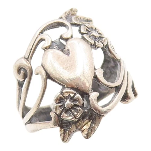 925 Sterling Silver Vintage Ring OTT Love Heart Floral Scrollwork Sz 8.5 RG36119