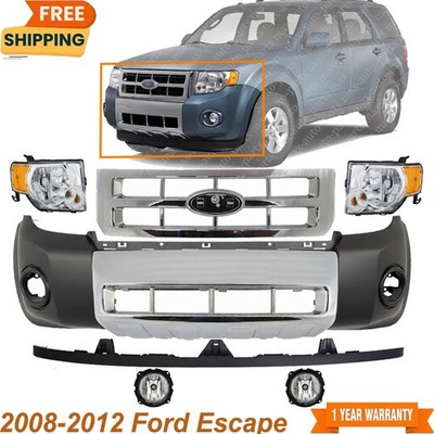 Front Bumper Cover Primed Plastic & Headlights Kit For 2008-2012 Ford Escape