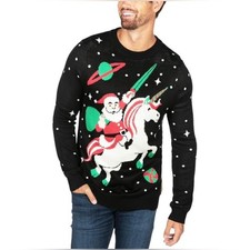 TIPSY ELVES Ugly Christmas Sweater Santa Unicorn Black Long Sleeve Crew Neck XL