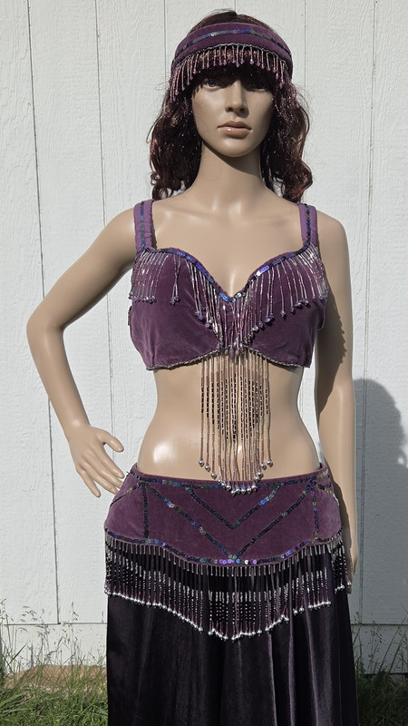 Belly Dance Bra, Belt, and Headband Purple Velvet Sequins Beads Genuine Amethyst